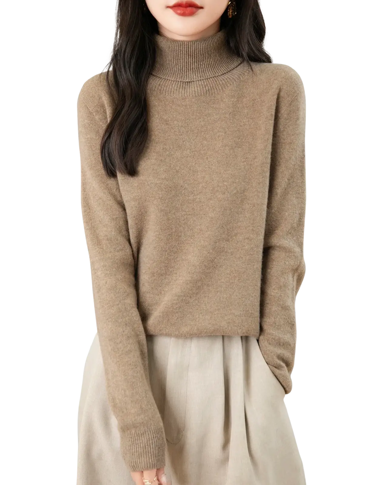 A soft camel-colored merino wool women turtleneck sweater with ribbed neckline and cuffs