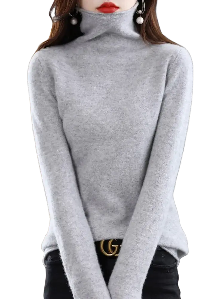 Women merino wool turtleneck sweater in soft heather gray with cozy knit texture and long sleeves