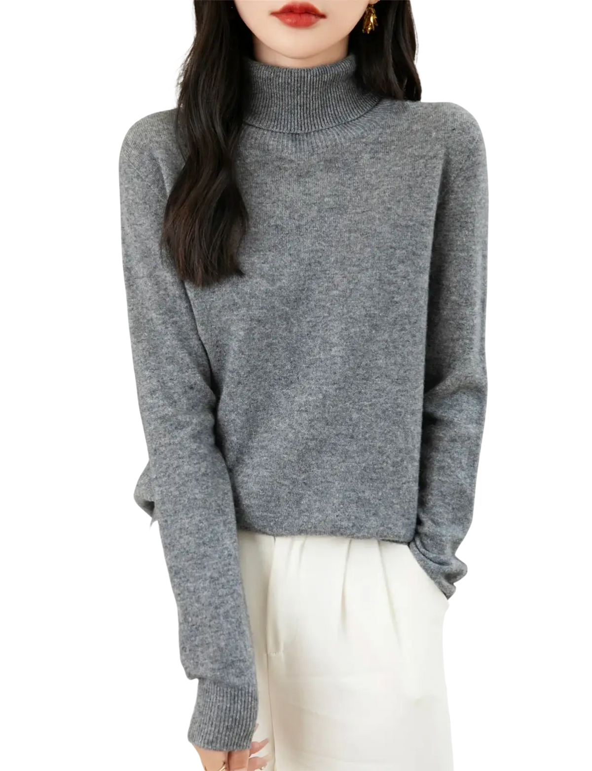 A soft heather gray women merino wool turtleneck sweater with ribbed neckline and cuffs
