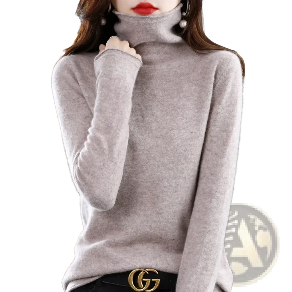 Women merino wool turtleneck sweater in soft heather gray with smooth knit texture and long sleeves