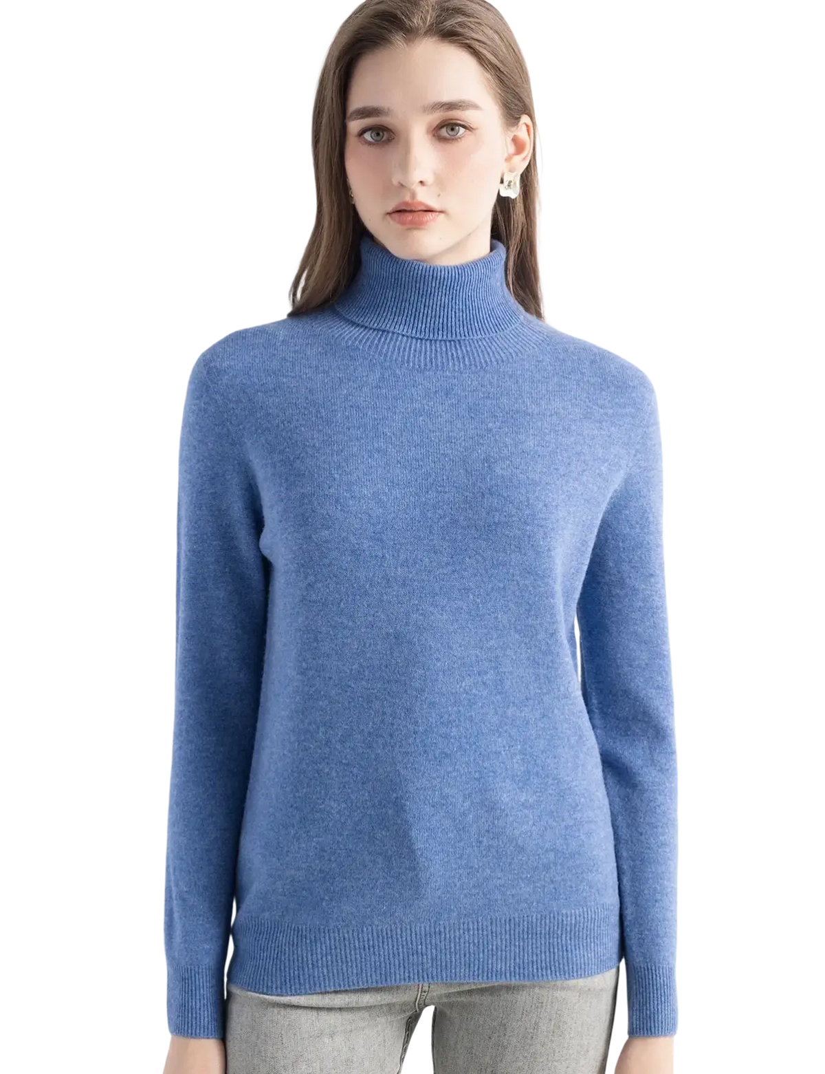 Women merino wool turtleneck sweater in soft heathered blue with ribbed neckline and cuffs