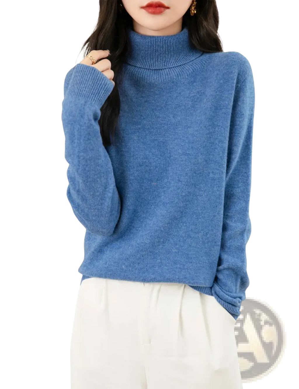 Women merino wool turtleneck sweater in soft heathered blue with cozy knit texture and ribbed cuffs