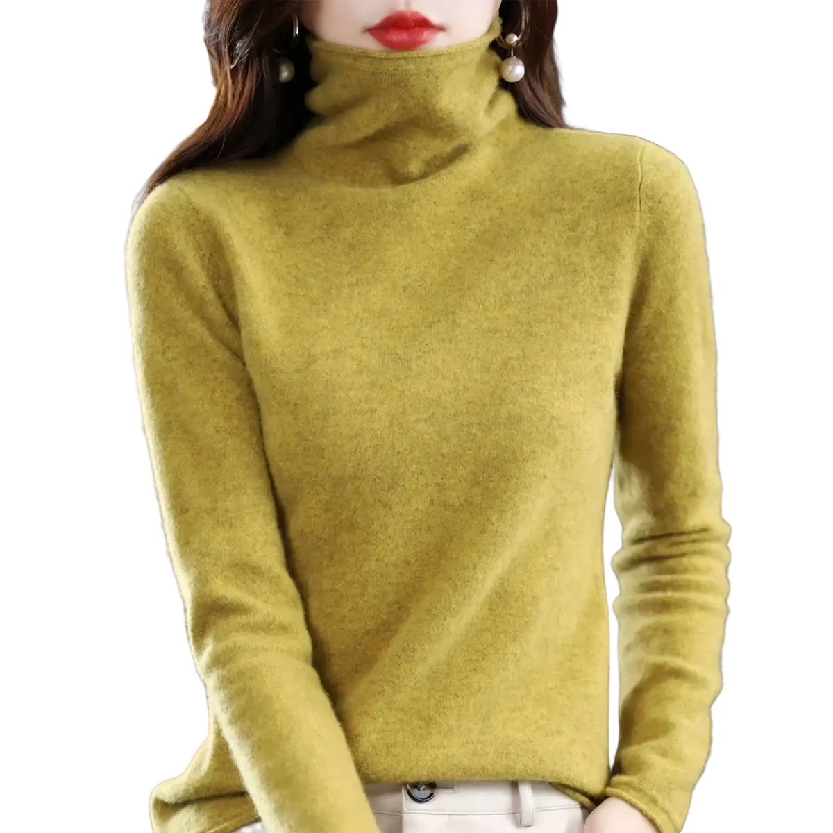 A soft olive-green women merino wool turtleneck sweater with a cozy knit texture