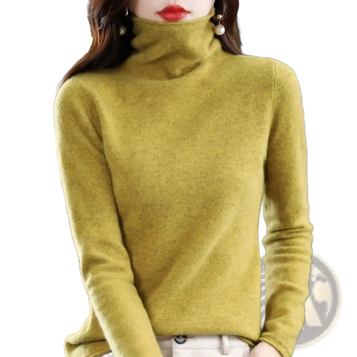 A soft olive-green women merino wool turtleneck sweater with a cozy knit texture