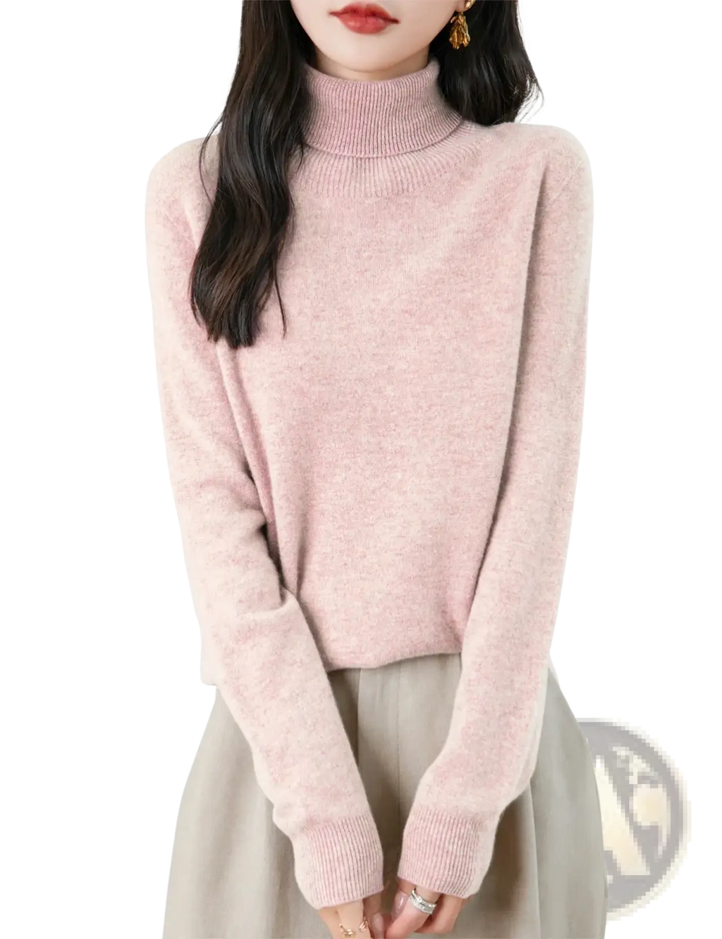 A soft pink women merino wool turtleneck sweater with fine knit texture and long sleeves