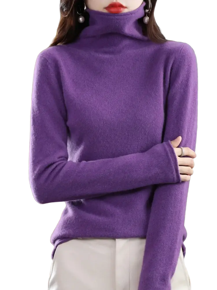 A soft solid purple merino wool turtleneck sweater with smooth knit texture for women