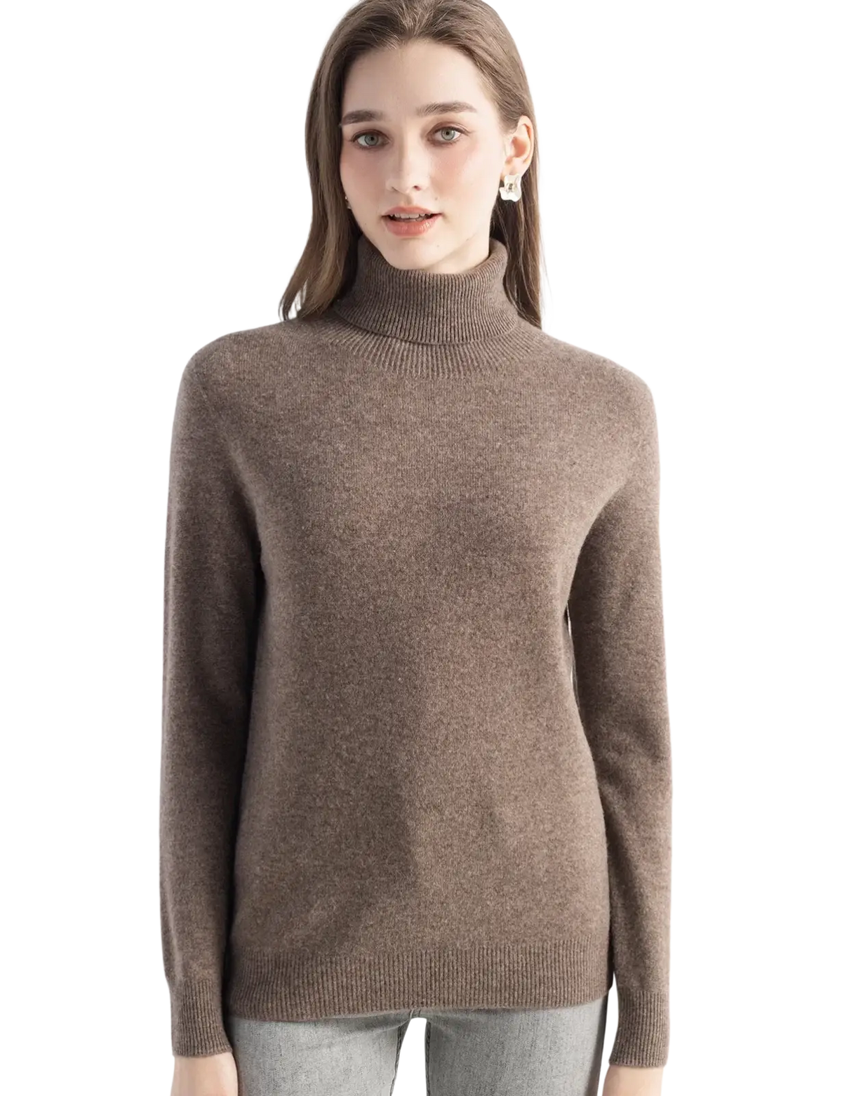 Women merino wool turtleneck sweater in soft taupe with fine knit texture and ribbed cuffs