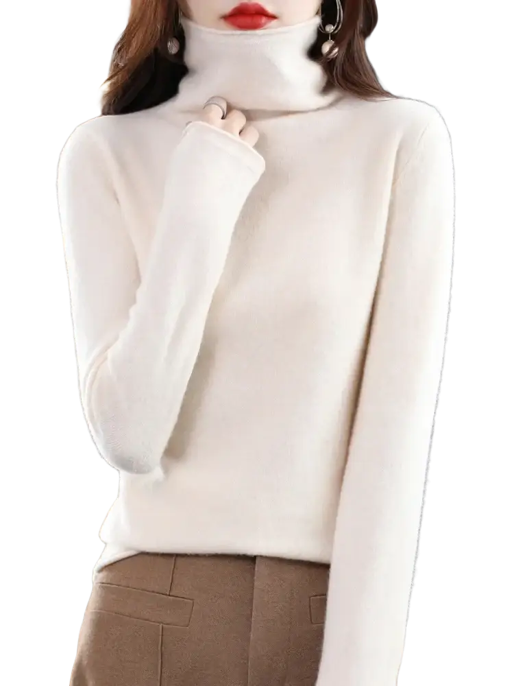 Women merino wool turtleneck sweater in soft off-white with plush fine-knit texture and long sleeves