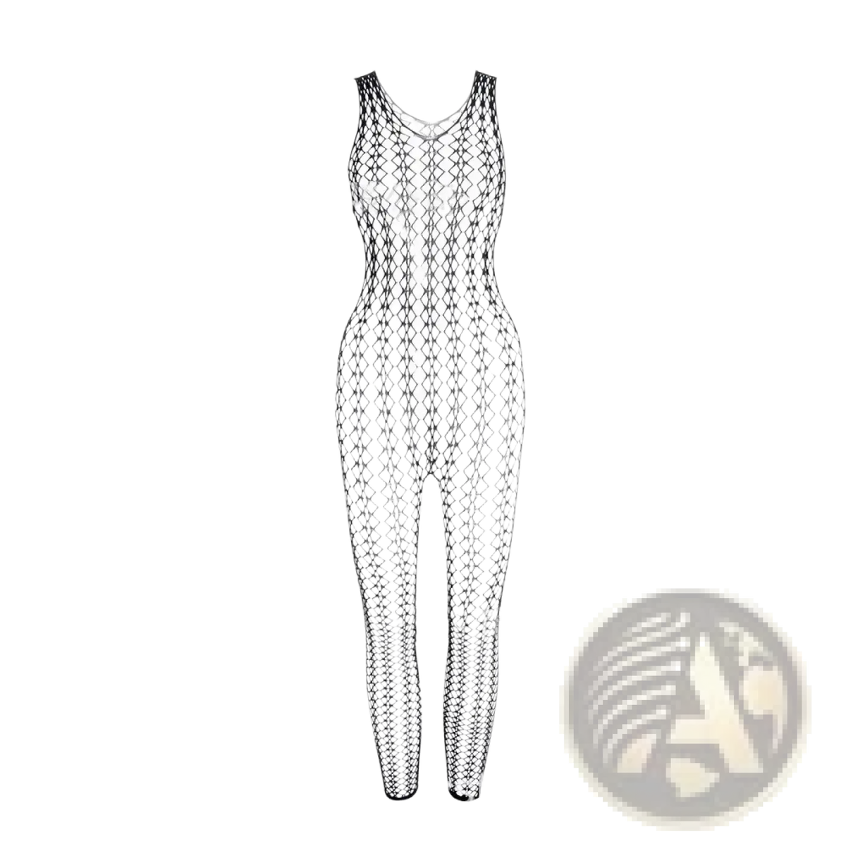 Black fishnet sleeveless one-piece bodysuit with v-neckline in mesh backless erotic design for women