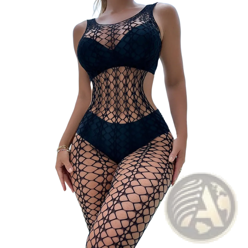 Black fishnet one-piece swimsuit with mesh overlay and solid fabric panels shown from the back for women