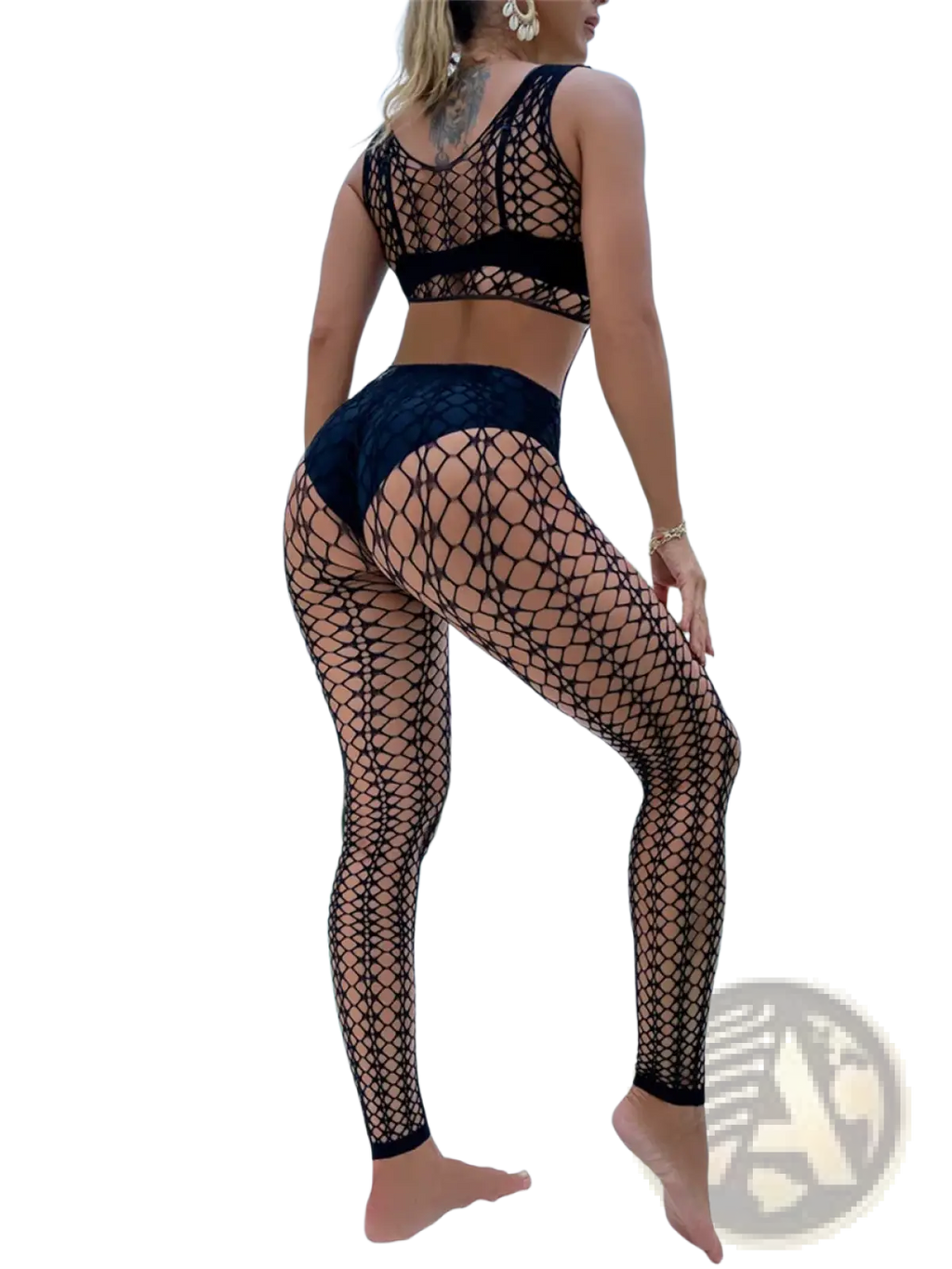 Black fishnet two-piece workout set with mesh overlay and high-waisted leggings shown from the back side