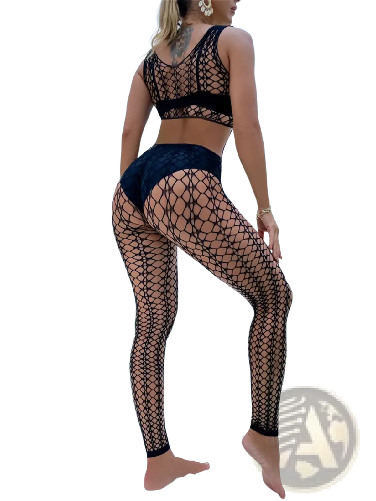 Black fishnet two-piece workout set with mesh overlay and high-waisted leggings shown from the back side
