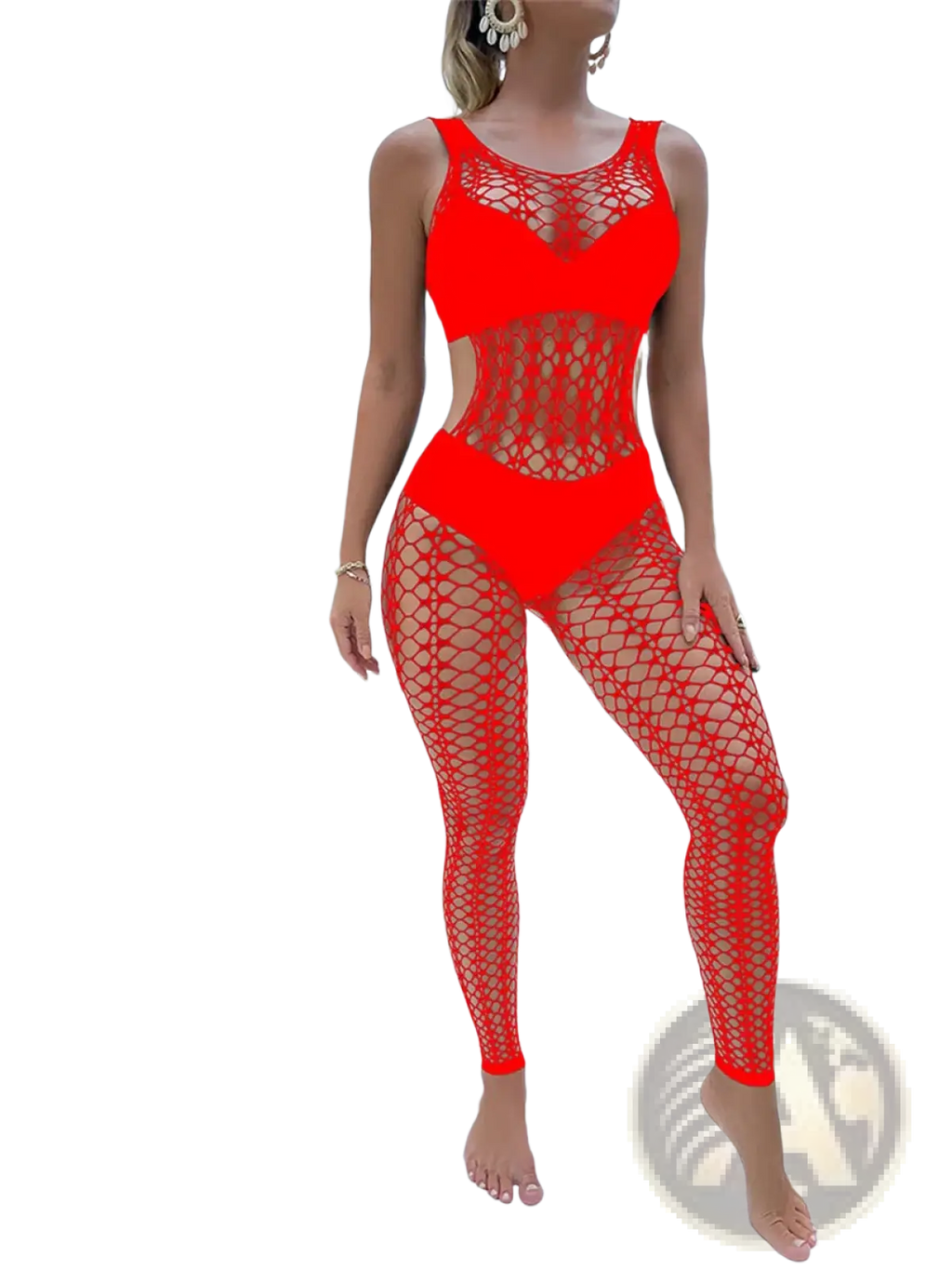 Bright red women mesh backless erotic bodysuit one-piece swimsuit with mesh netting and cut-out details shown from back side