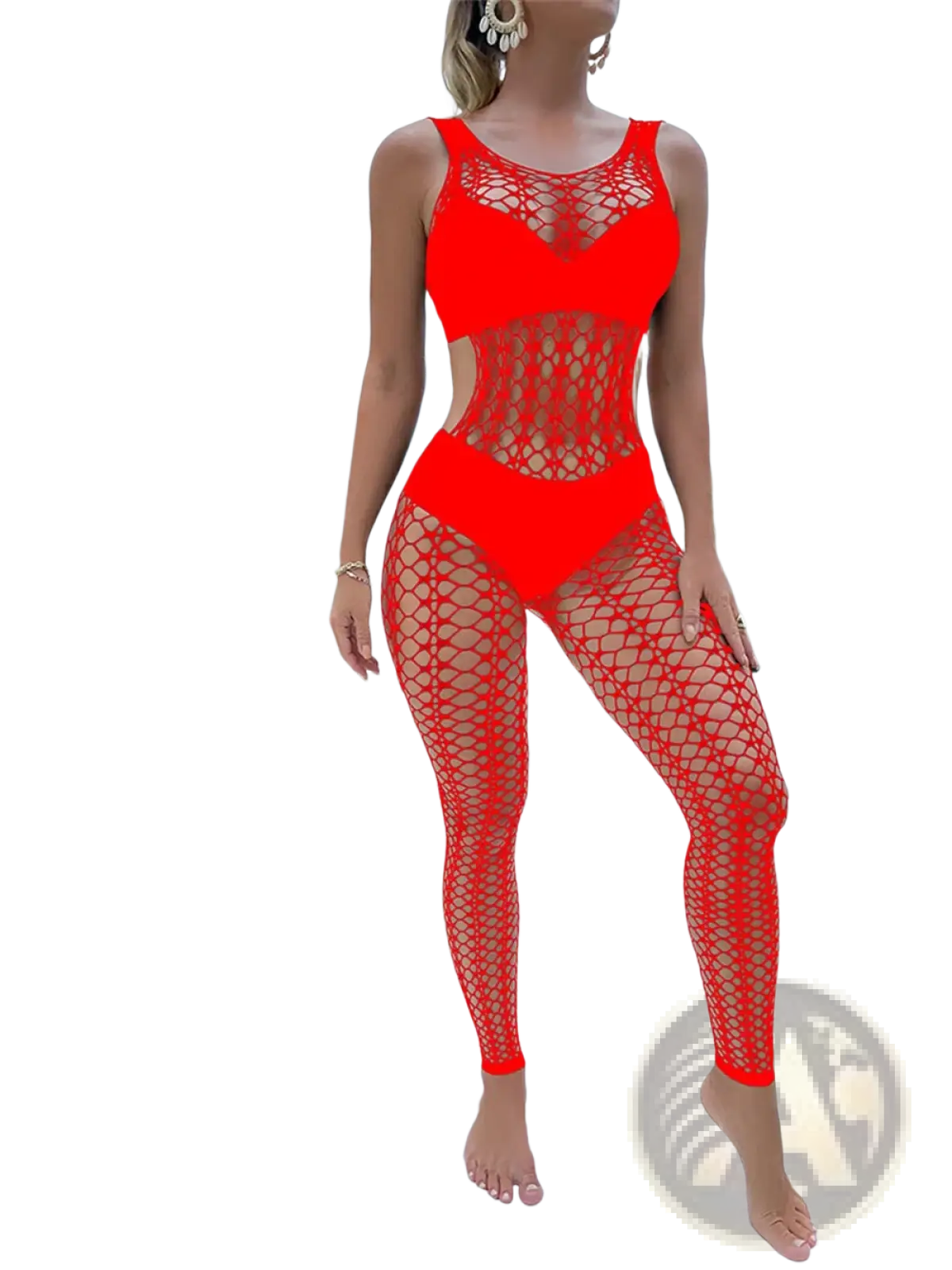 Bright red women mesh backless erotic bodysuit one-piece swimsuit with mesh netting and cut-out details shown from back side