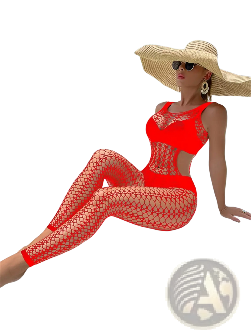 A vibrant red women mesh backless erotic bodysuit made of one-piece mesh with a cut-out design