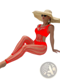 A vibrant red women mesh backless erotic bodysuit made of one-piece mesh with a cut-out design