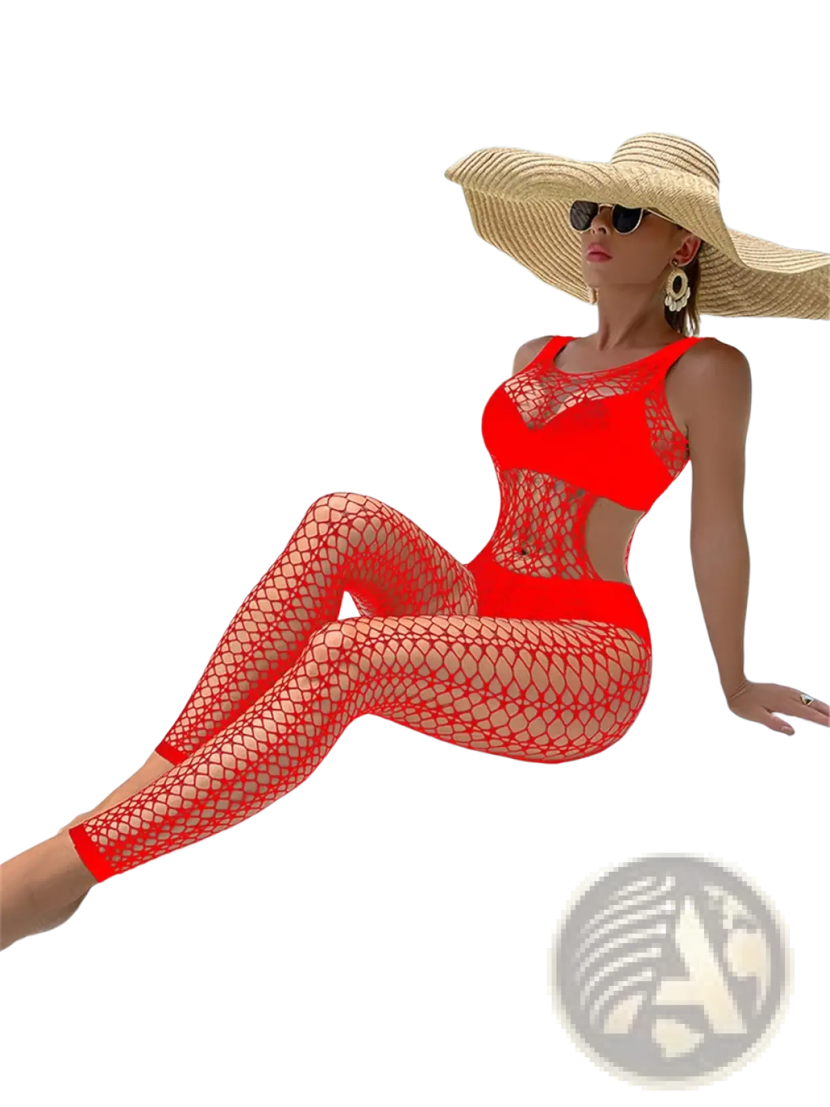 A vibrant red women mesh backless erotic bodysuit made of one-piece mesh with a cut-out design