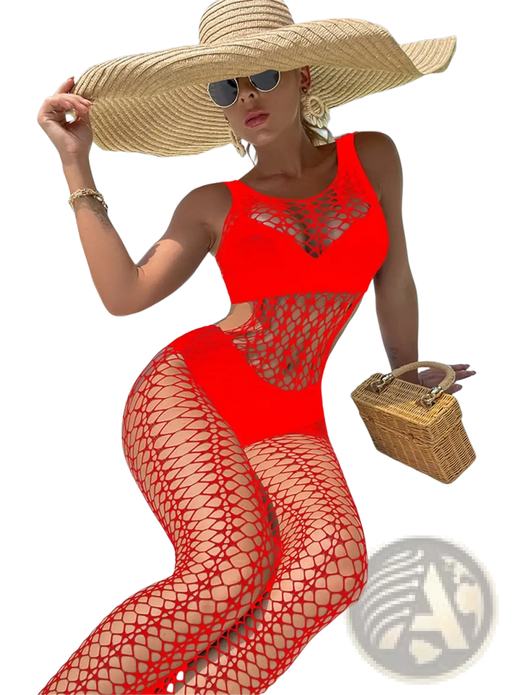 Vibrant red women mesh backless erotic bodysuit with a one-piece design and cut-out details shown from the back