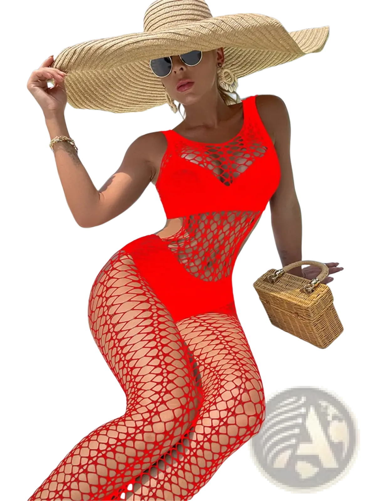 Vibrant red women mesh backless erotic bodysuit with a one-piece design and cut-out details shown from the back
