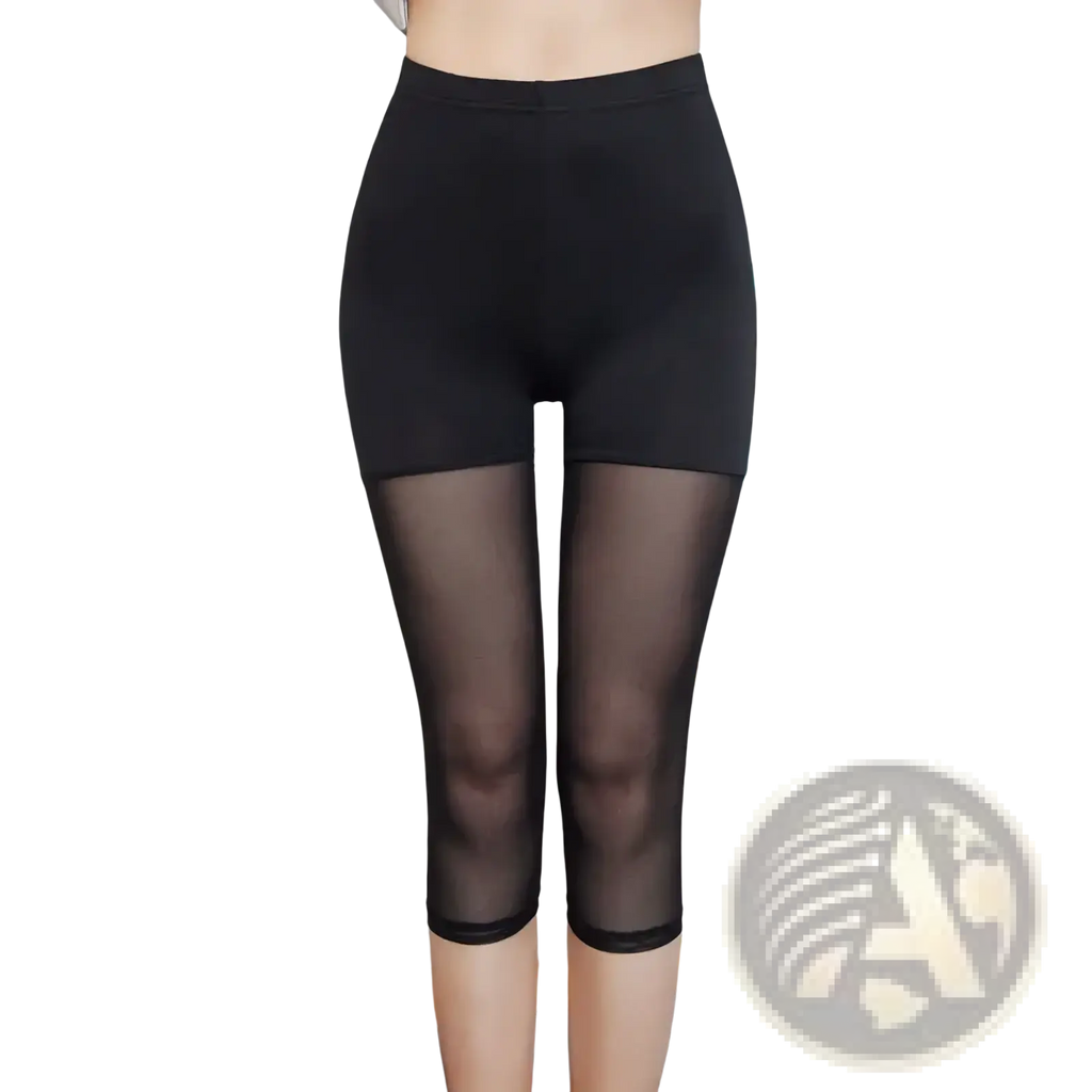 Black high-waisted women mesh capri leggings with sheer mesh panels on lower legs for summer sports stretch pants