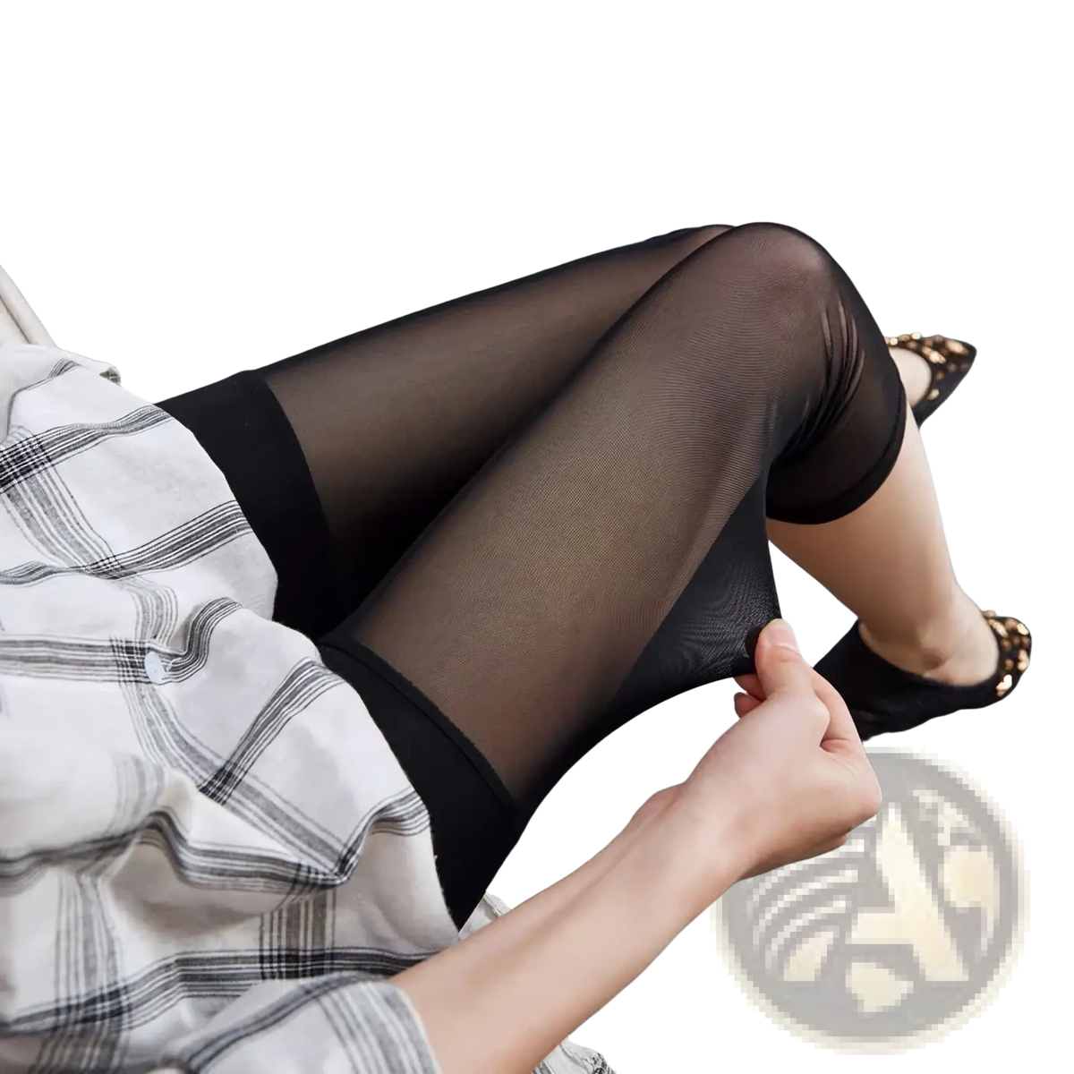 Women mesh capri leggings in black sheer stretch fabric with solid black band at top for summer sports use
