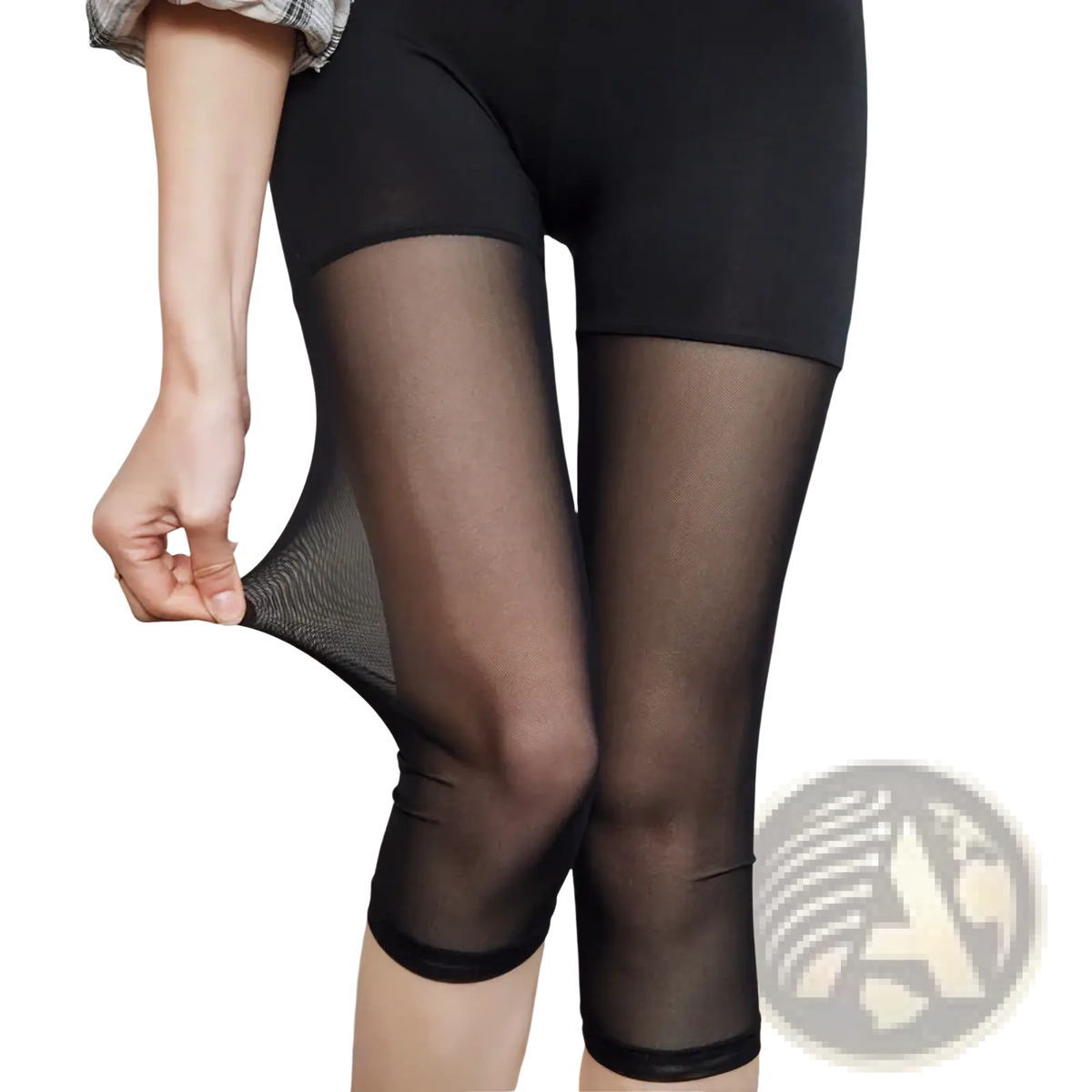 Women mesh capri leggings in black sheer mesh with solid fabric panels for summer sports stretch pants