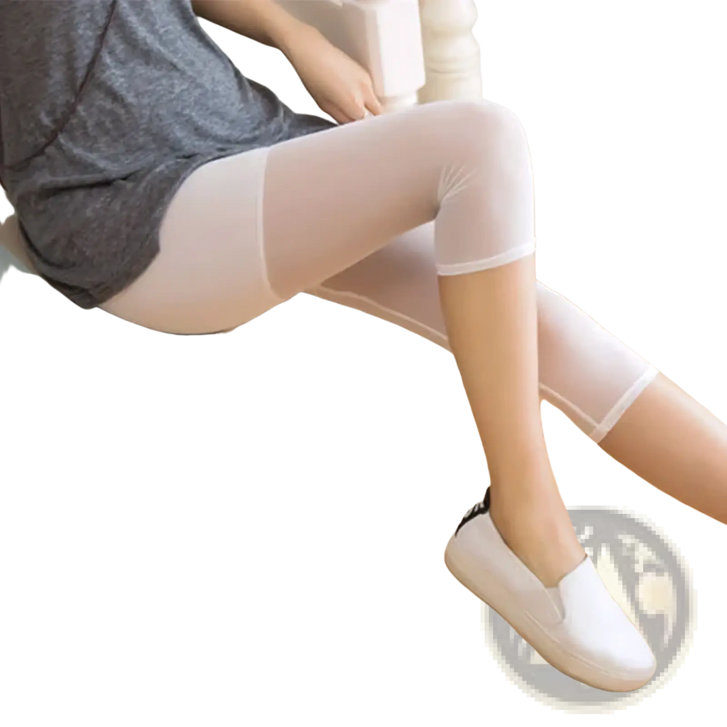 Women mesh capri leggings in white sheer fabric with solid white bands at top and bottom for summer sports stretch