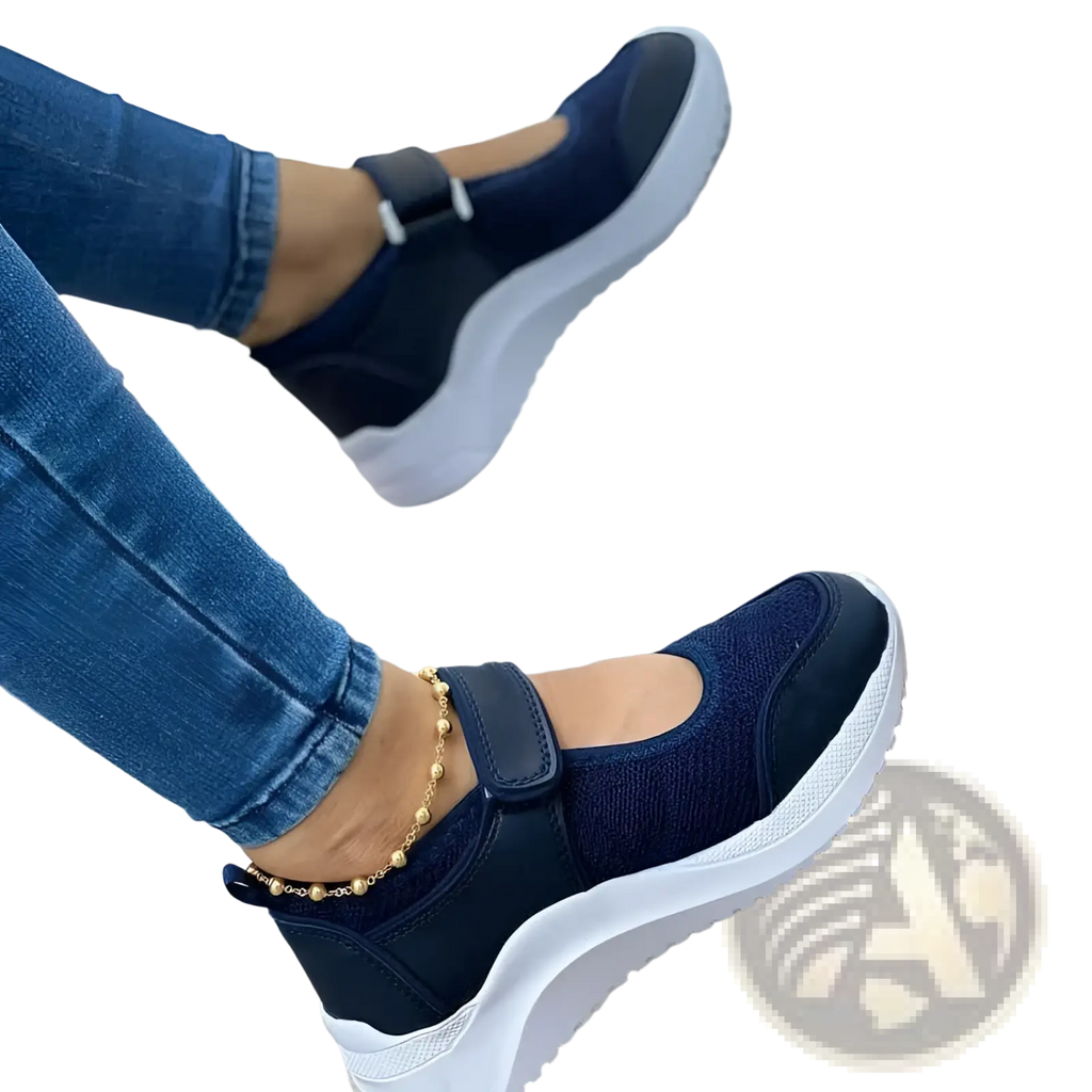 Navy blue women mesh platform sneakers with suede details white chunky soles and gold beaded ankle strap