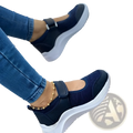 Navy blue women mesh platform sneakers with suede details white chunky soles and gold beaded ankle strap