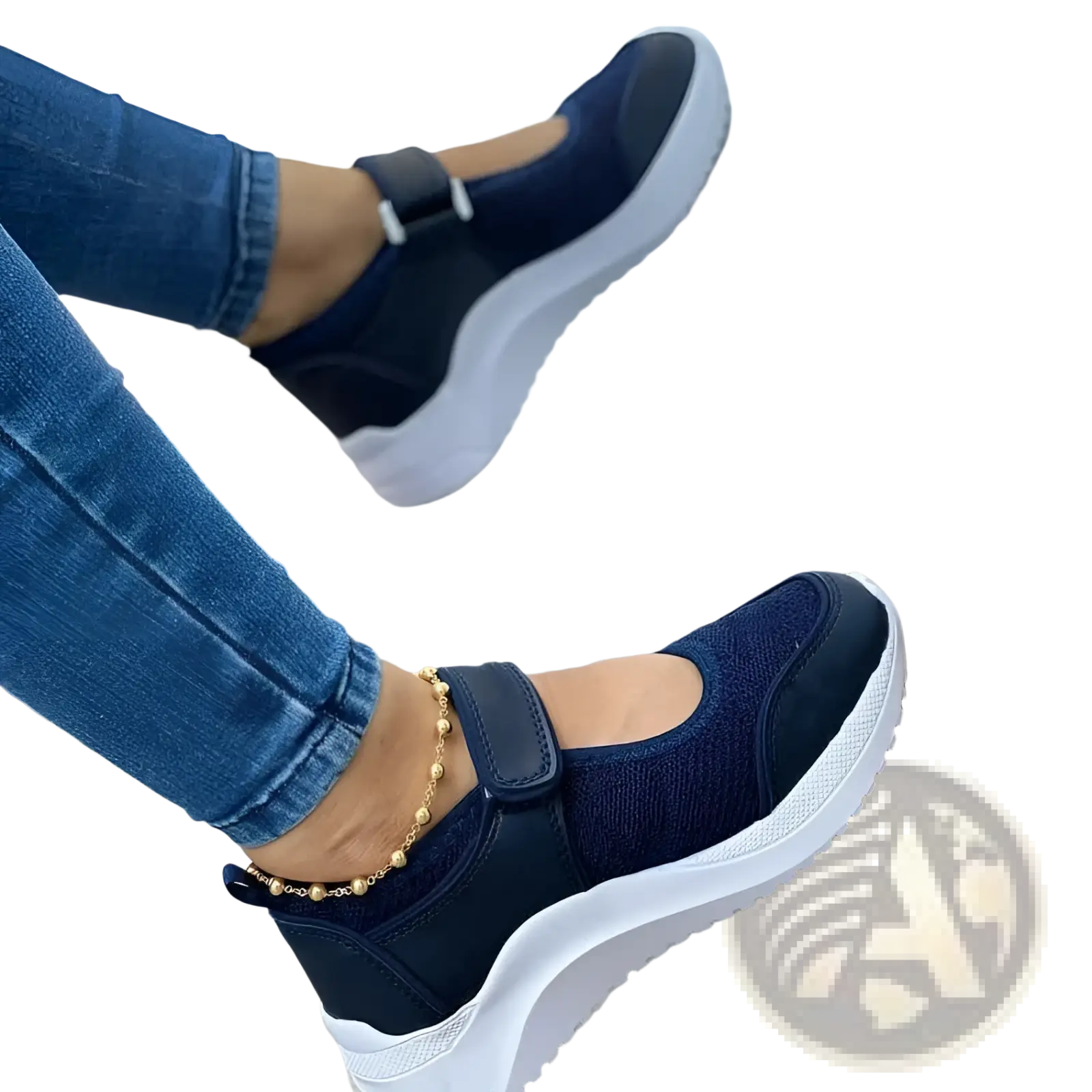 Navy blue women mesh platform sneakers with suede details white chunky soles and gold beaded ankle strap