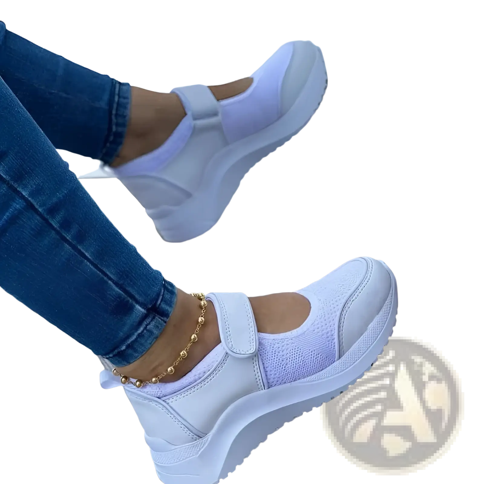 White mesh platform sneakers with thick sole and velcro strap for casual women shoes