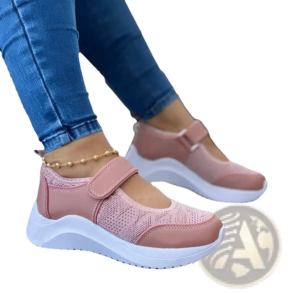 Women mesh platform sneakers in pink with synthetic leather and white chunky sole for casual wear