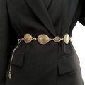 Women metal waist chain retro decorative dress belt in gold tone with ornate circular medallions and delicate chain extension