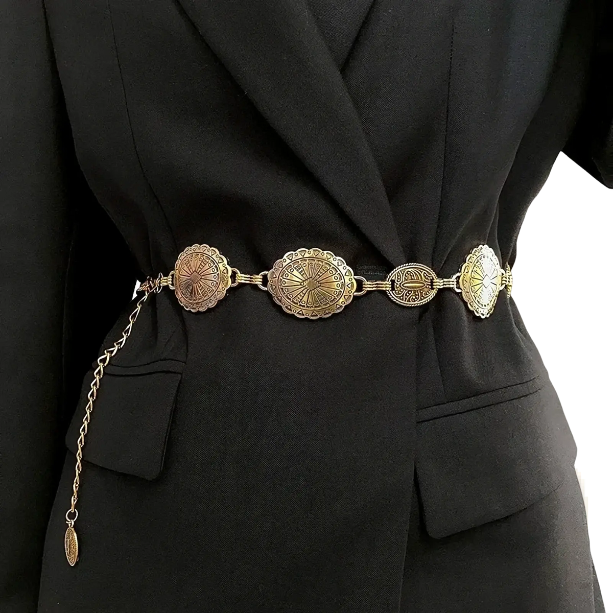 Women metal waist chain retro decorative dress belt in gold tone with ornate circular medallions and delicate chain extension