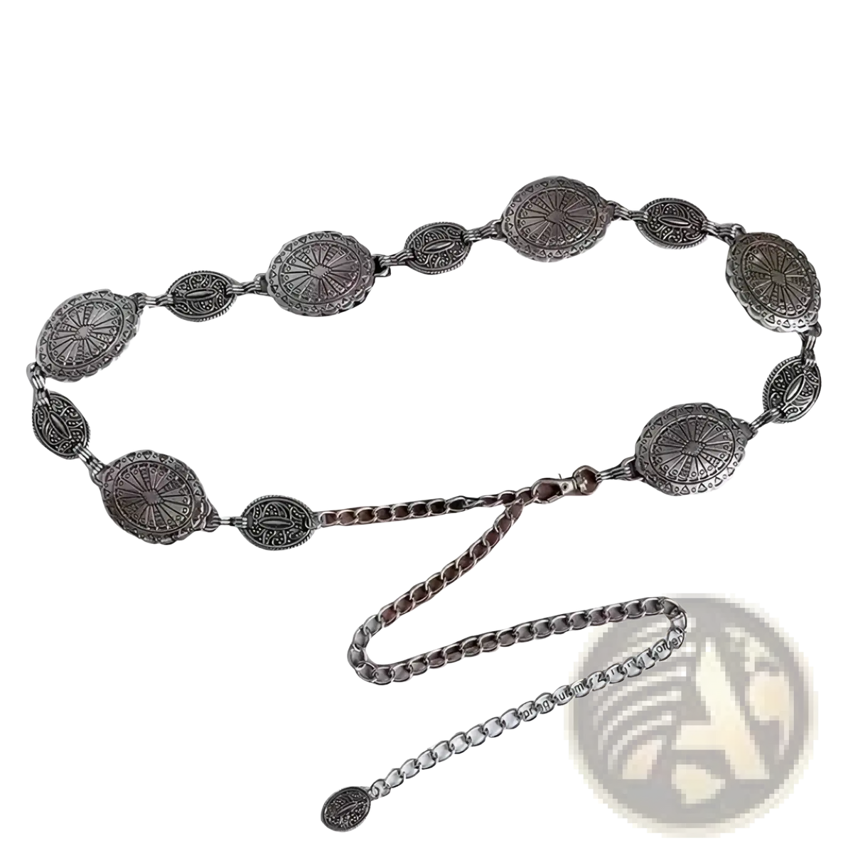 Silver-toned women metal waist chain belt with ornate oval medallions and sunburst patterns on an adjustable chain strap