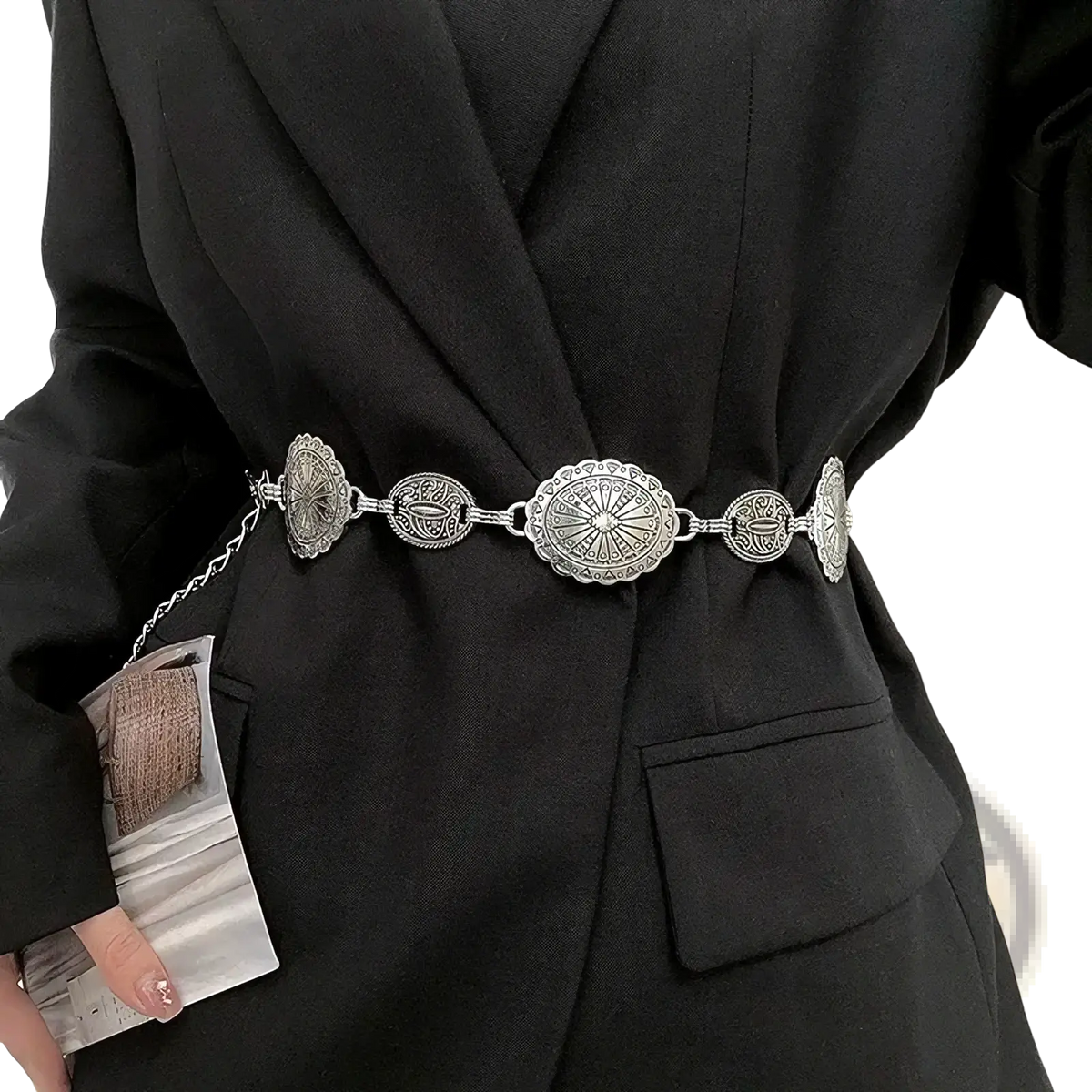 Silver-toned women metal waist chain belt with ornate circular metal plates featuring intricate sunburst and floral patterns