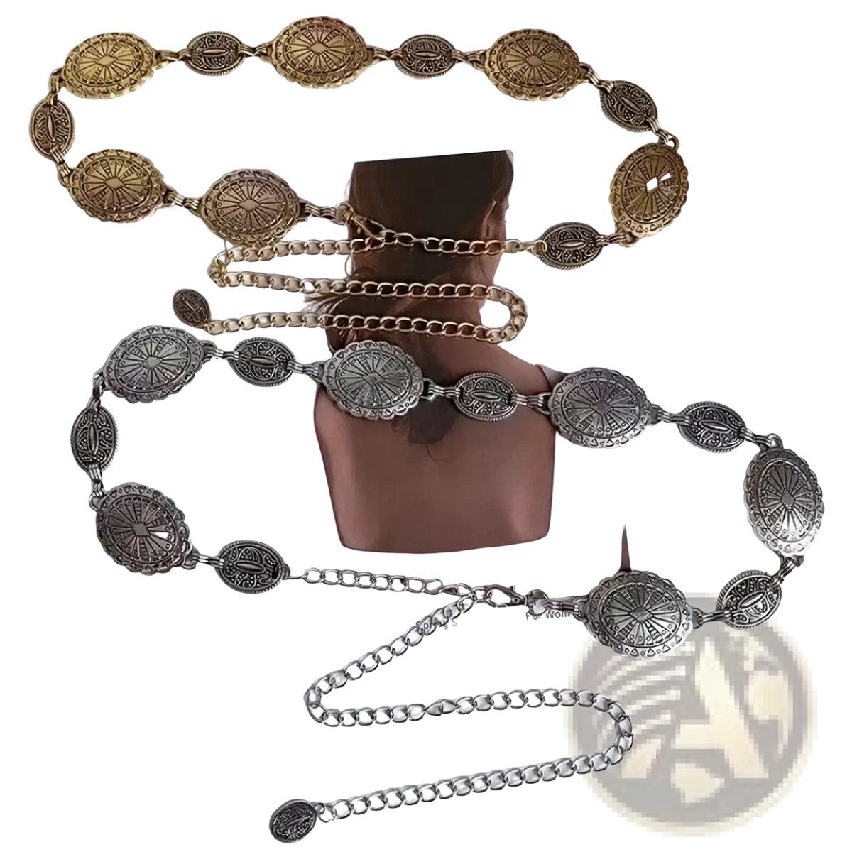 Two ornate vintage-style metal waist chains with sunburst medallions in antique gold and silver for women dress belts