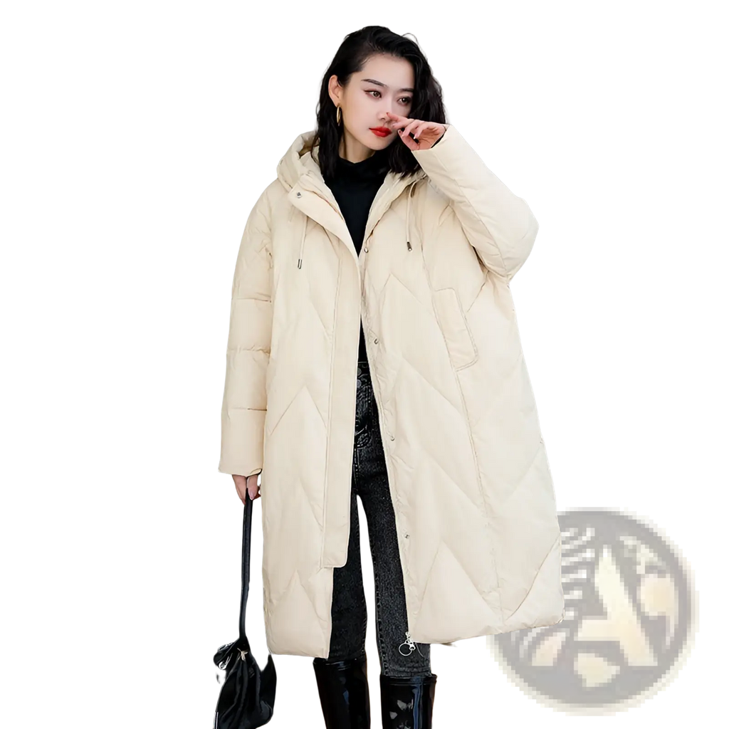 Cream-colored women mid length padded down jacket quilted winter coat with hood and front zipper