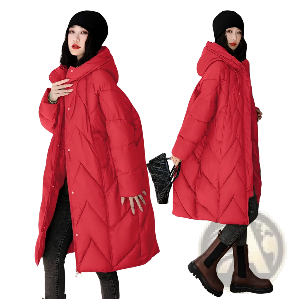 Women mid length padded down jacket in vibrant red quilted fabric with hood and button closure for winter wear