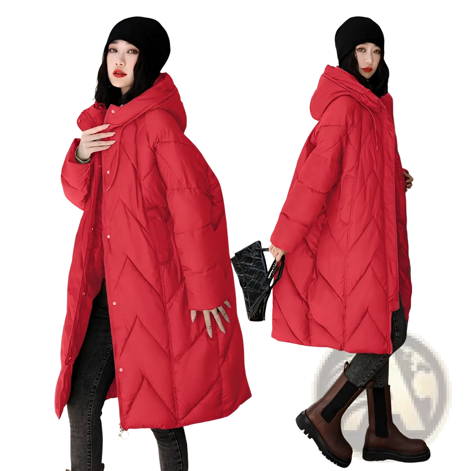 Women mid length padded down jacket in vibrant red quilted fabric with hood and button closure for winter wear