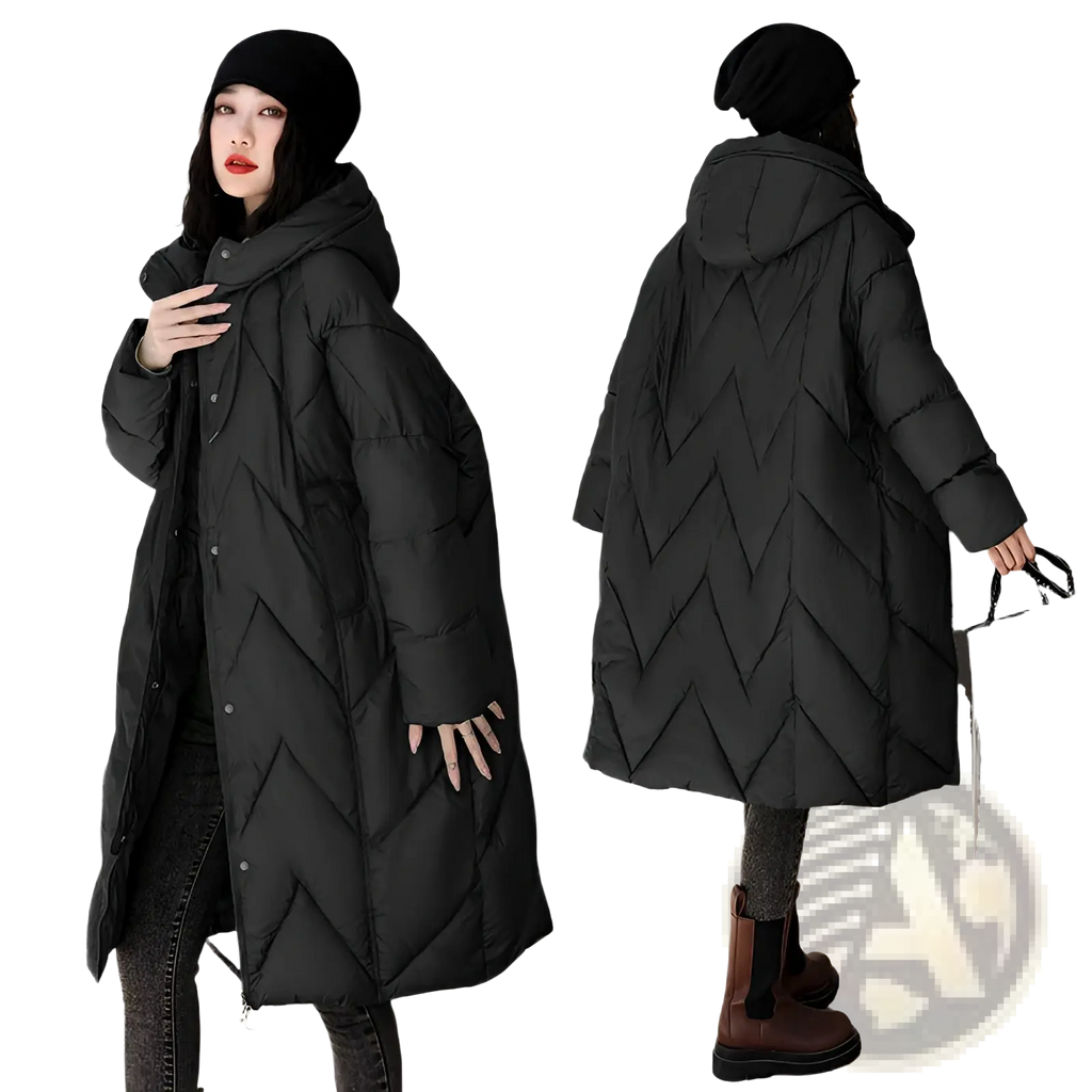 Black quilted mid length padded down jacket with hood and front button closure for women winter wear