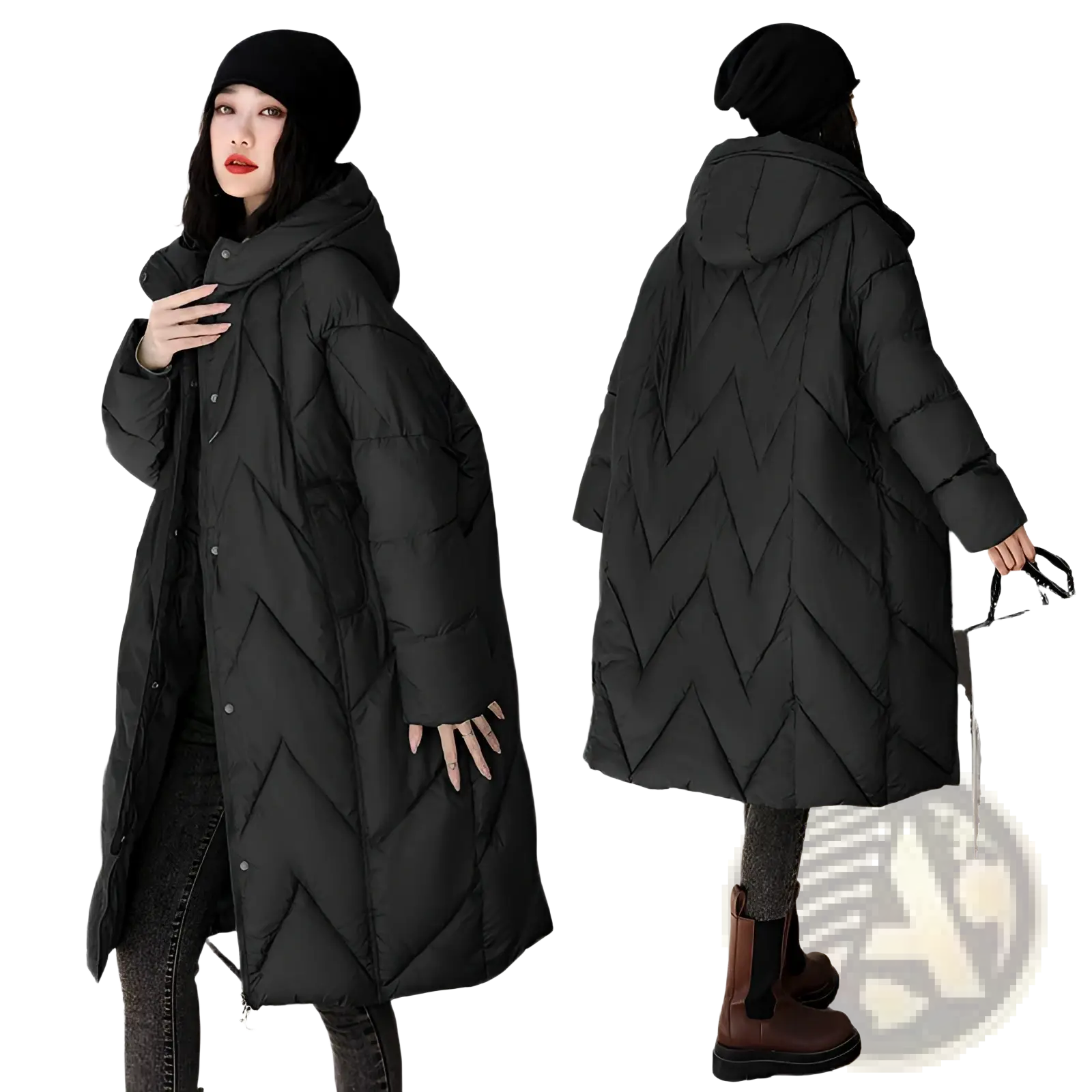 Black quilted mid length padded down jacket with hood and front button closure for women winter wear