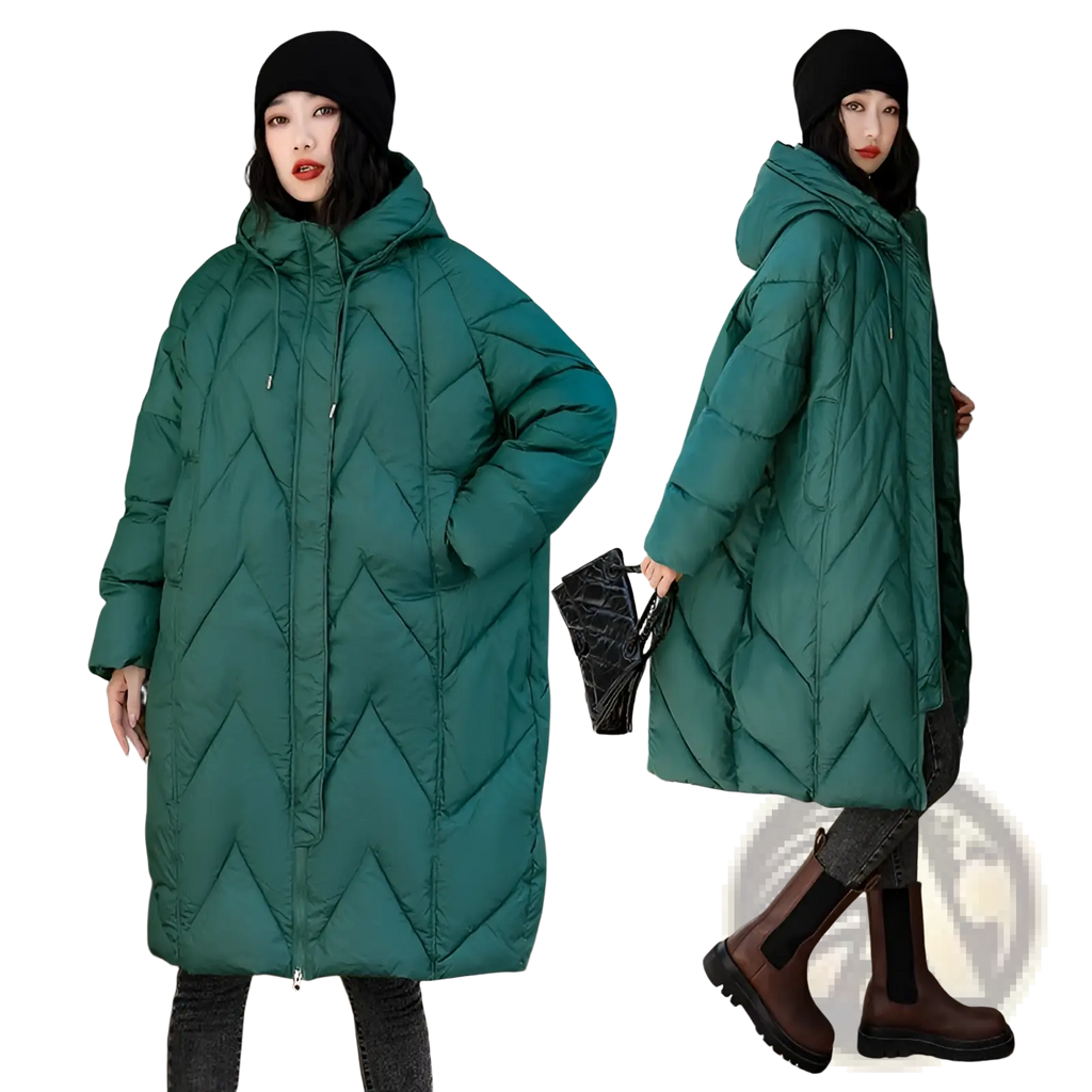 Women mid length padded down jacket in emerald green with quilted design hood and front zipper for winter wear