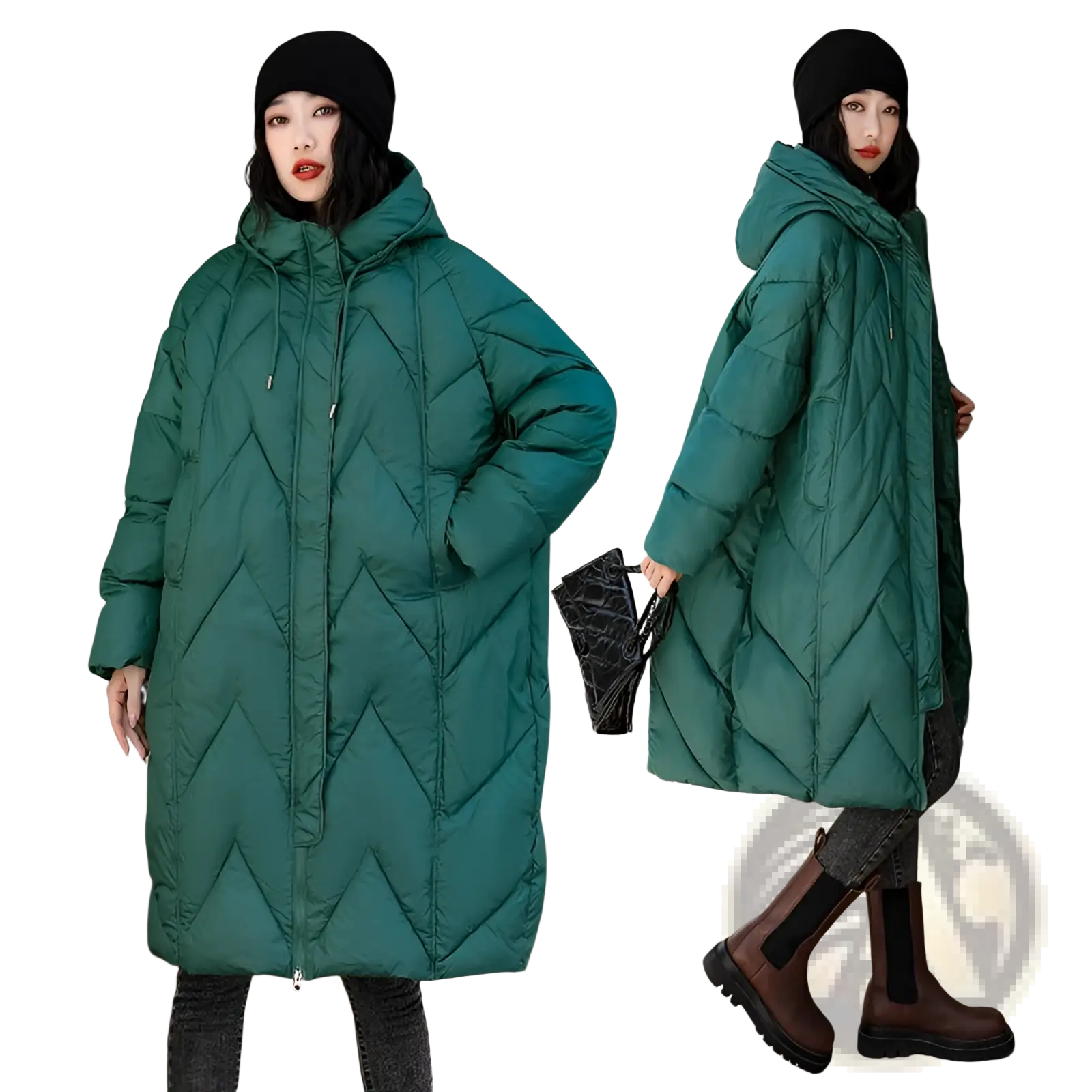 Women mid length padded down jacket in emerald green with quilted design hood and front zipper for winter wear
