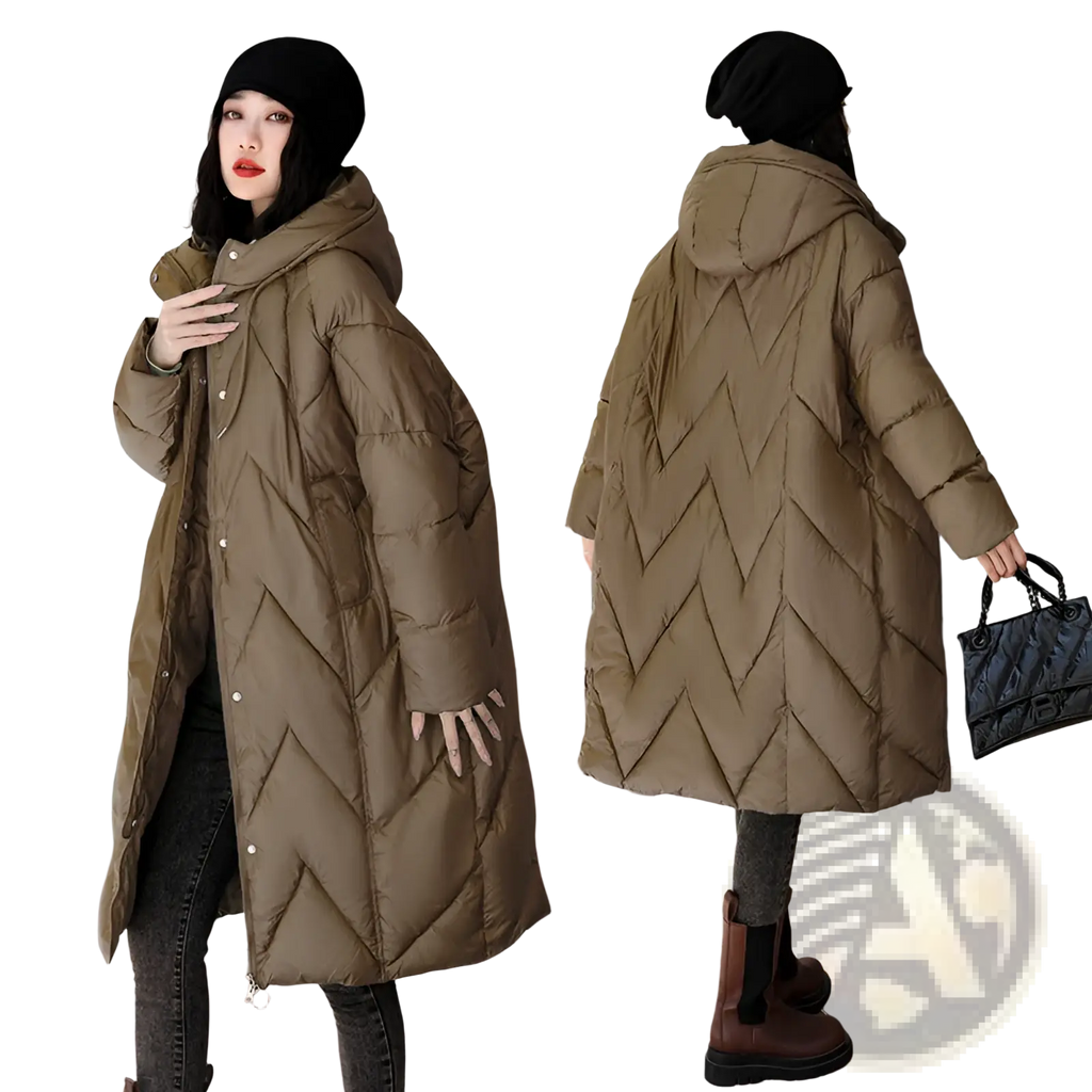 Women mid length padded down jacket in olive green with quilted zigzag stitching and a hood for winter wear
