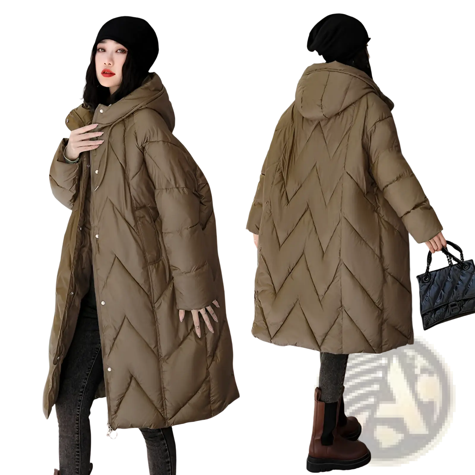 Women mid length padded down jacket in olive green with quilted zigzag stitching and a hood for winter wear