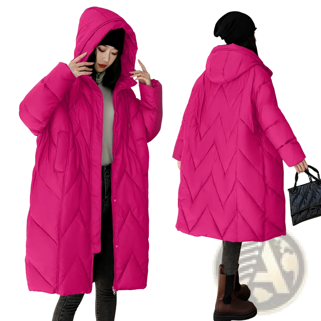 Vibrant fuchsia mid length quilted down jacket with zigzag pattern and hood for women winter coat