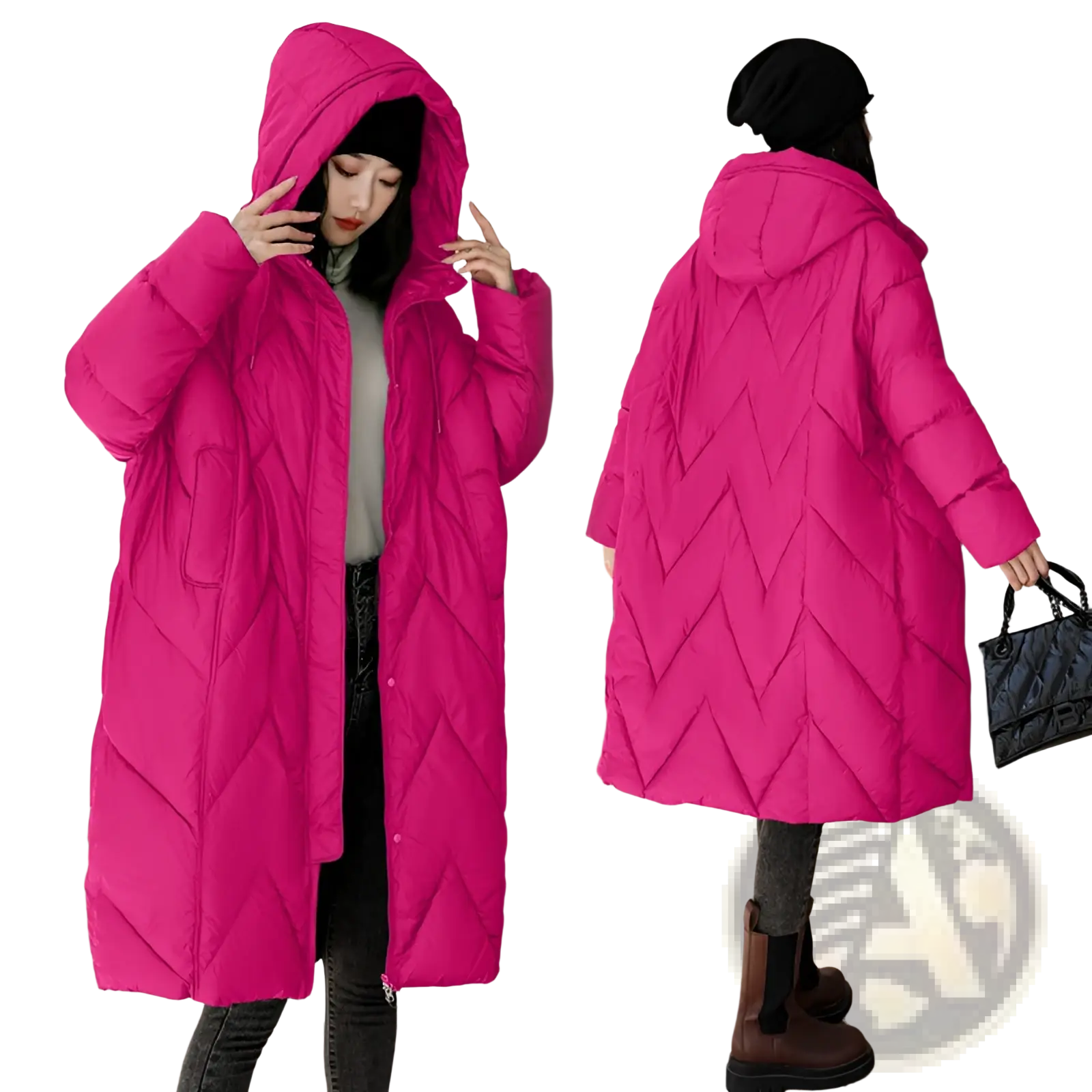 Vibrant fuchsia mid length quilted down jacket with zigzag pattern and hood for women winter coat