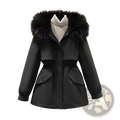 Women mid length black winter parka coat with plush dark fur lined hood and two front pockets
