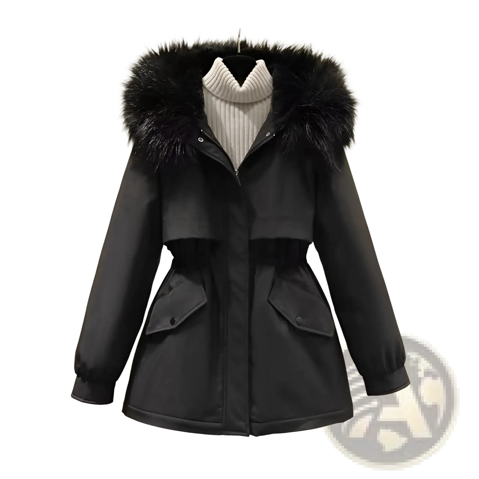 Women mid length black winter parka coat with plush dark fur lined hood and two front pockets